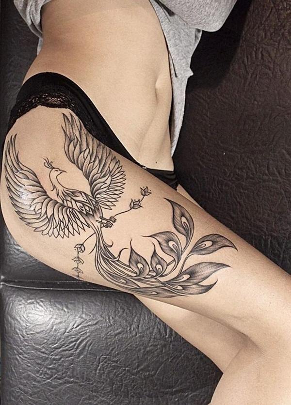 Phoenix thigh tattoo design ideas for women