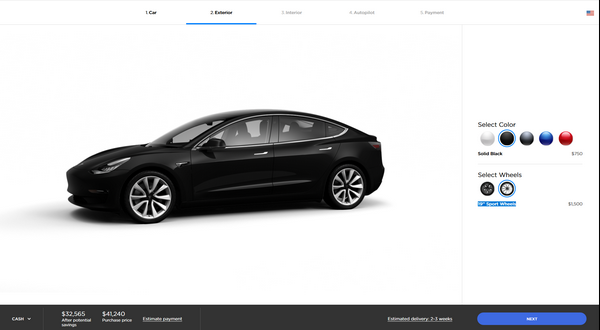 Tesla models 3 pricing color and wheels options