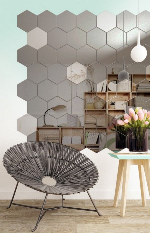 accent wall in living room with hexagonal wall tile