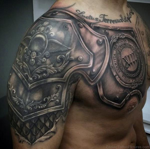 armor and inscription tattoo design on shoulder and chest