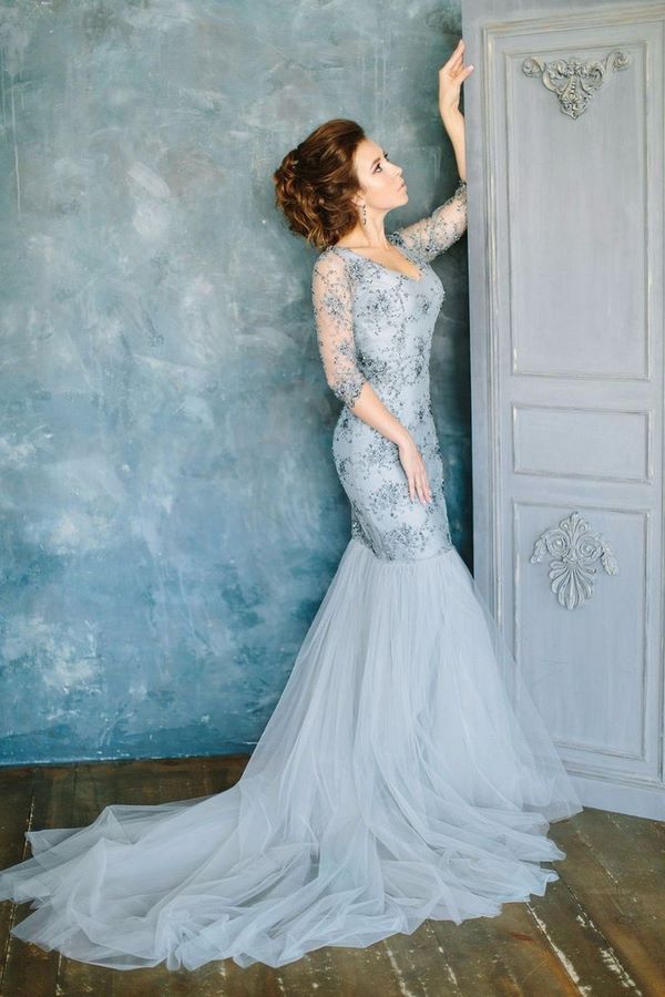 blue mermaid style wedding dress with silver rhinestones