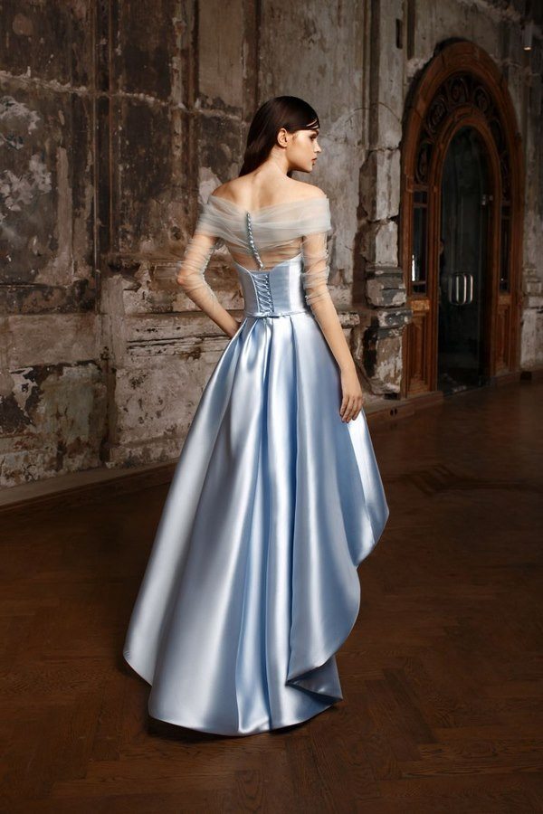 blue satin wedding dress with buttons on the back