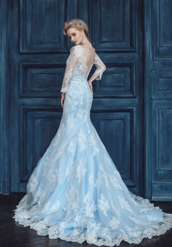 blue white wedding dress elegant silhouette