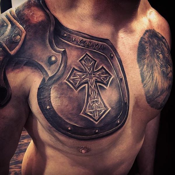 chest and shoulder tattoo ideas armor and lion