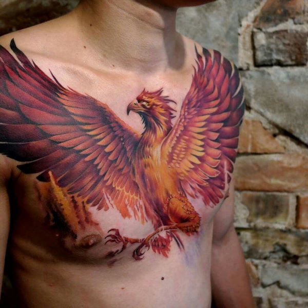 chest tattoo ideas for men phoenix with spread wings