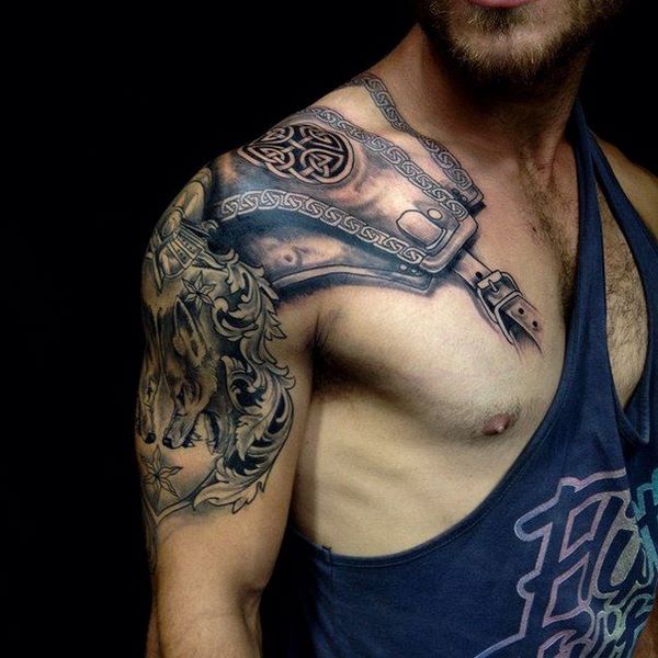 original masculine tattoo ideas armor on shoulder