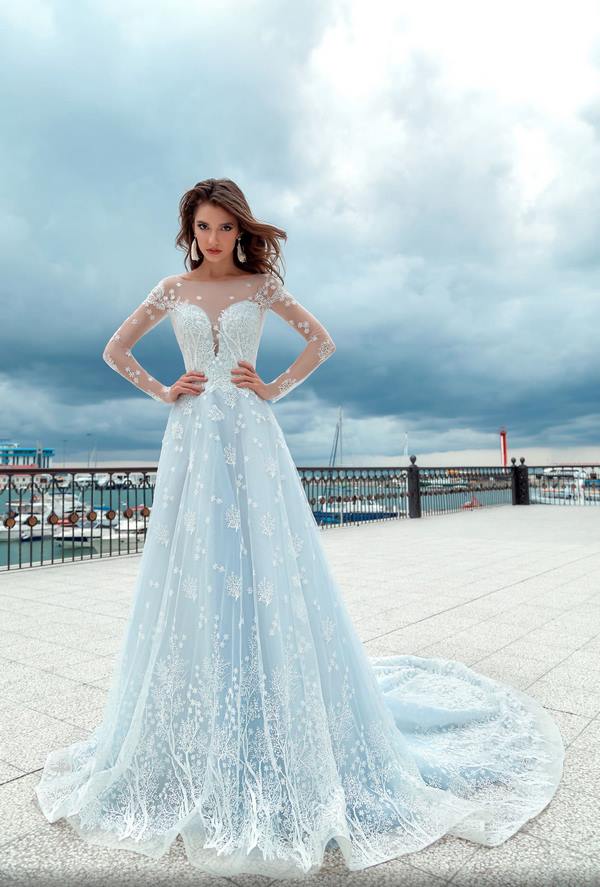 pale blue wedding dress design with delicate white decoration
