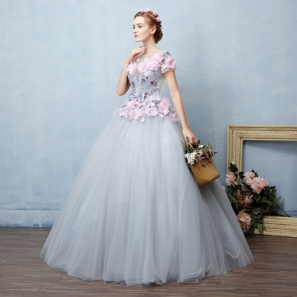 princess style blue wedding dress with tender pink flowers