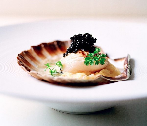 scallop topped with caviar on white plate festive food ideas