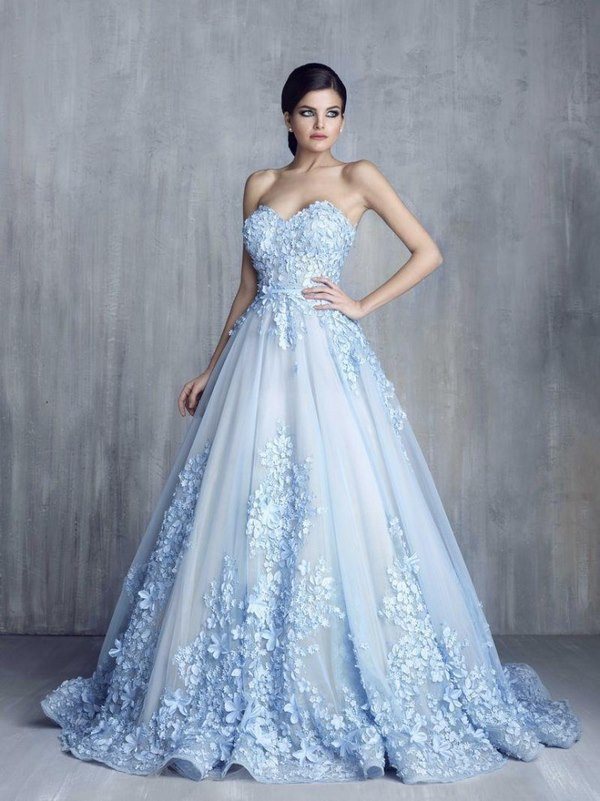 strapless wedding dress in blue with flowers and embroidery