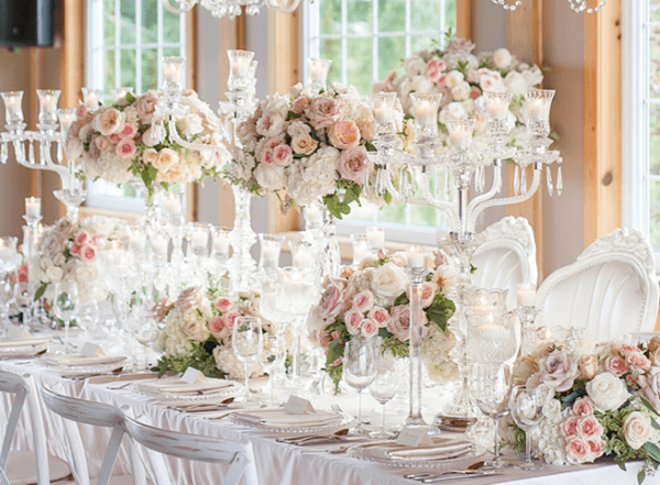 table setting and decoration with candleholders low and high floral centerpieces