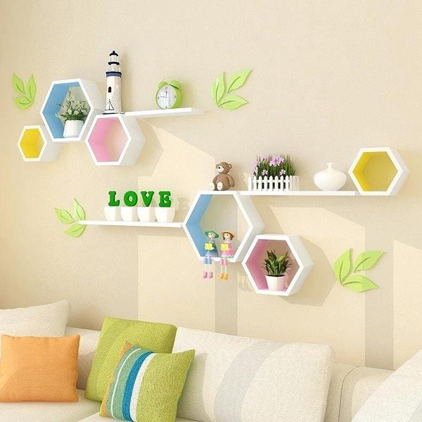 wall decor ideas colored hexagon shelf storage space tips