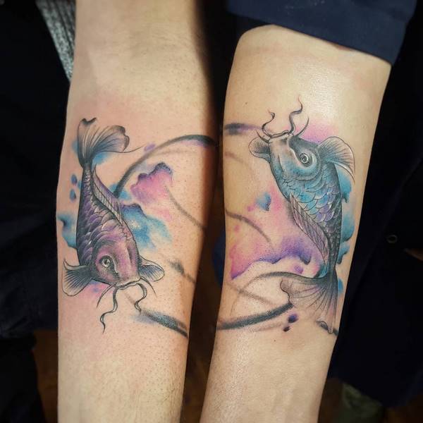 couples tattoos carp koi fish on forearm