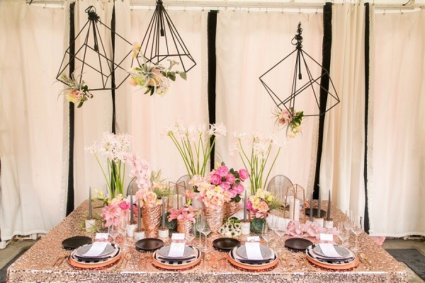 glamorous rose gold wedding ideas table decoration with sequin tablecloth
