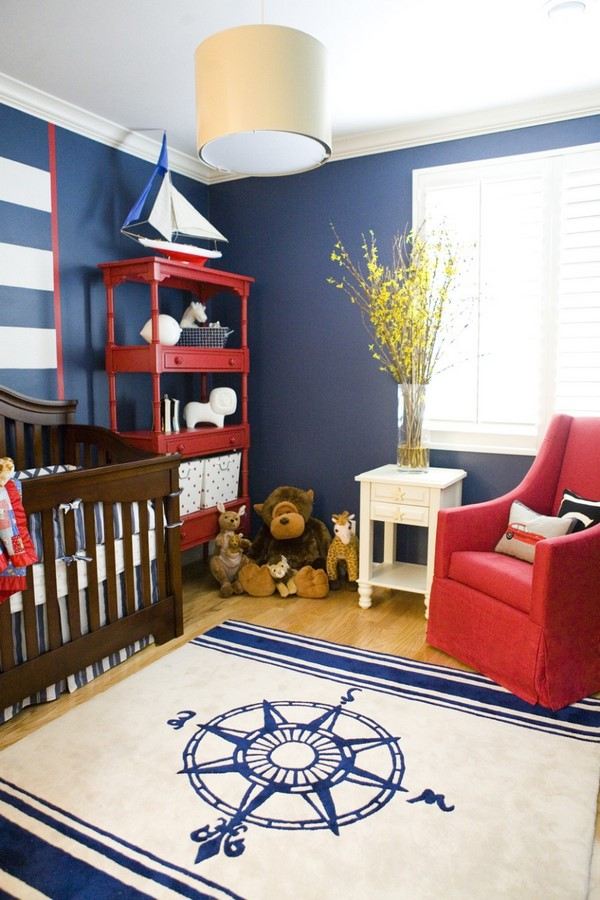 nautical decor in boys bedroom blue white interior red accents