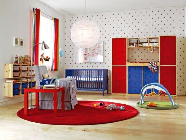 nursery room decorating ideas round red area rug wallpaper