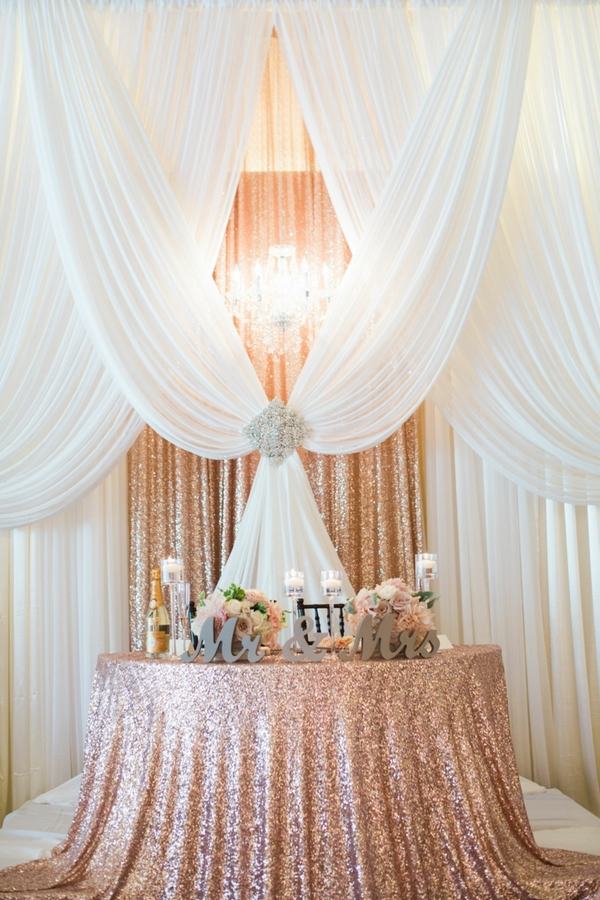 rose gold wedding decoration sequin drapery and tablecloth
