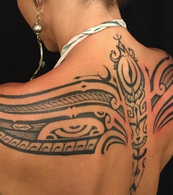 symmetrical back tattoo tribal style womens design ideas