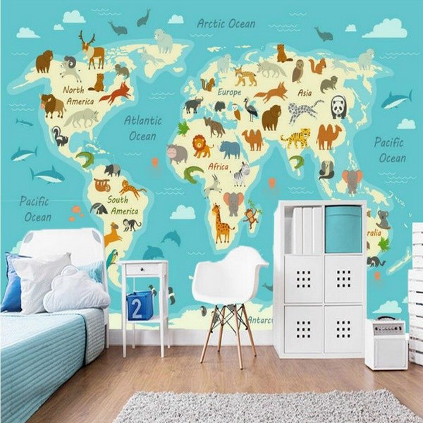 Cartoon animal world map wallpaper for childrens room