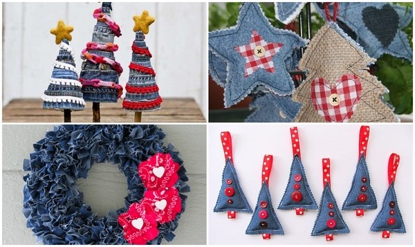 Christmas decoration denim crafts ideas wreath tree ornaments
