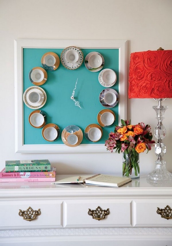 DIY teacup clock in white photo frame