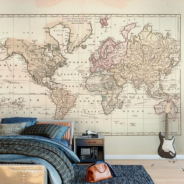 Teen-bedroom-design-and-decoration-ideas-world-map-wallpaper