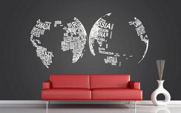 abstract hemisphere map as wall decor in minimalist living room