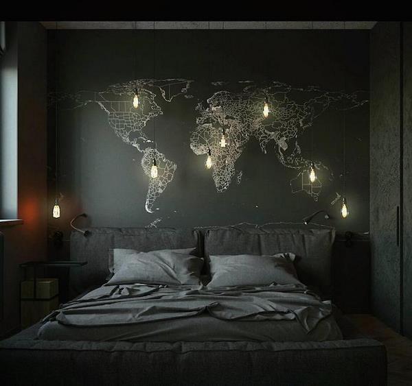 bachelor pad black bedroom interior world map wall ideas