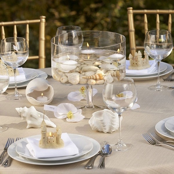 beach wedding table decor ideas centerpiece shells and candles