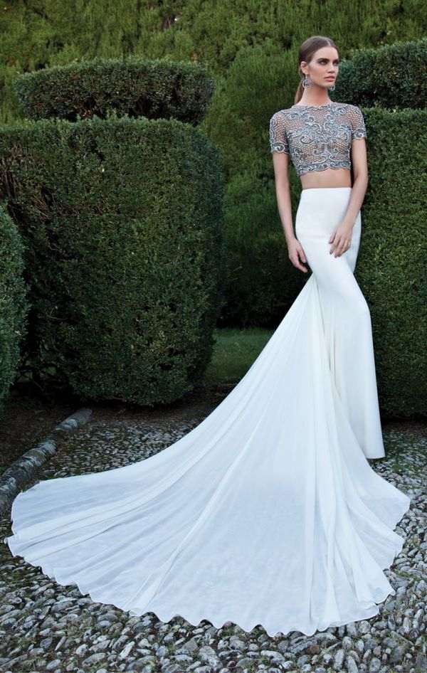 beautiful and stylish two piece wedding dress with silver top and white skirt