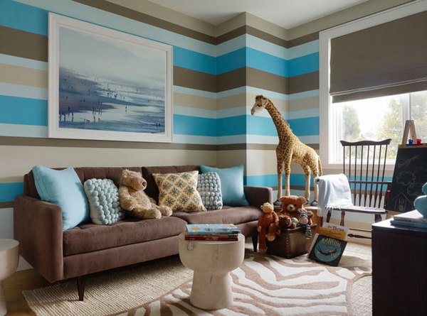 blue beige and brown wall srtipes nursery decorating ideas