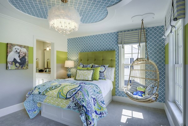 blue wallpaper and ceiling decoration girl bedroom design ideas