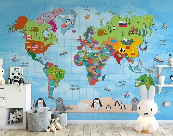 child wallpaper world map with country flags and animals