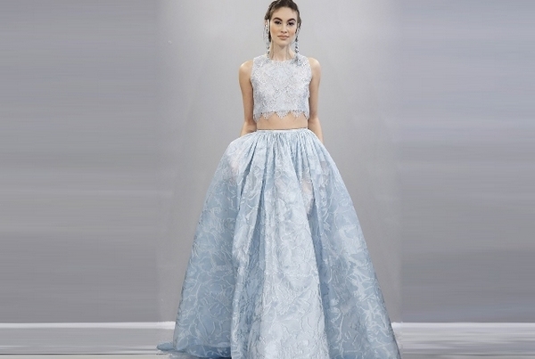 crop top wedding dress with blue skirt metallic sheen