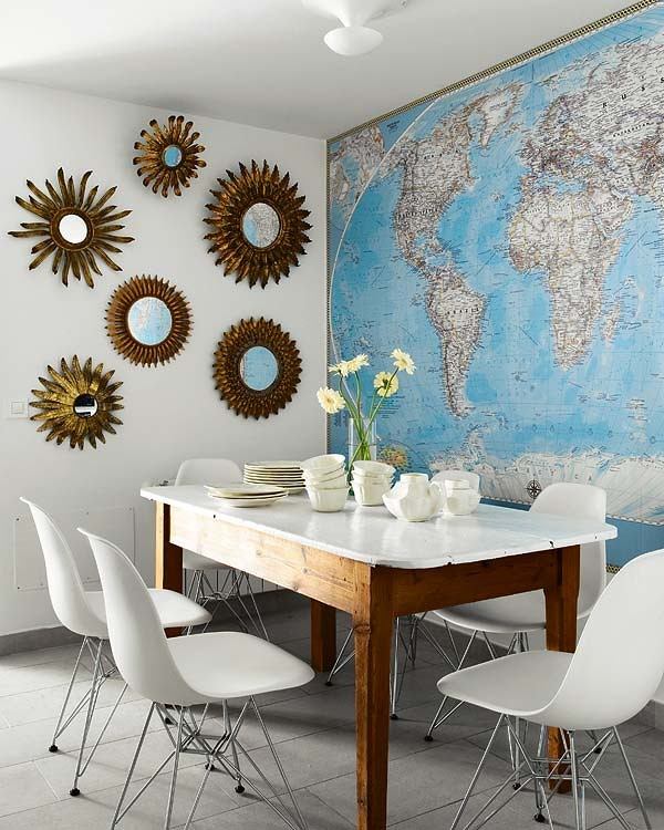 dining room ideas for wall decoration with mirrors and geographical map
