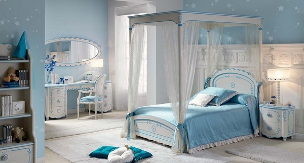 elegant girl bedroom design in blue and white