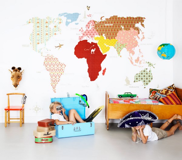 interesting map of the world as wall decor in kids bedroom