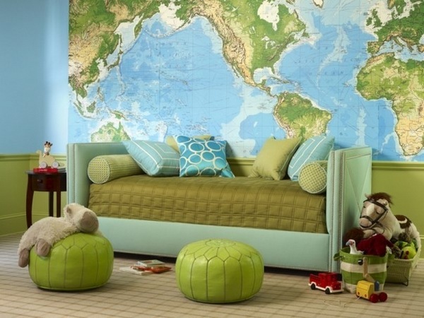 kids bedroom color scheme blue green geographical map wallpaper
