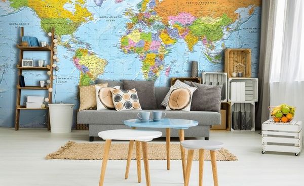 living room design and decoration grey sofa old crates map of the world wallpaper