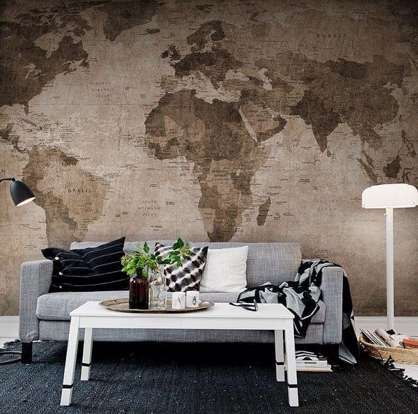 living room design ideas gray sofa white coffee table antique map wallpaper