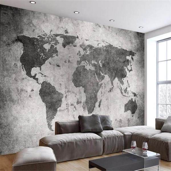 loft style decor ideas gray living room large world map wall decor
