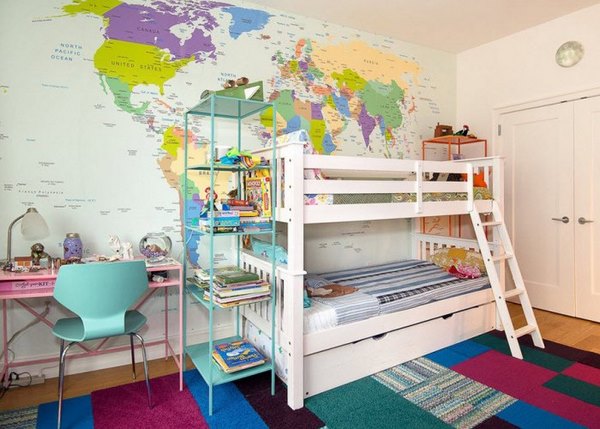 political map of the world wall decoration bunk bed and desk