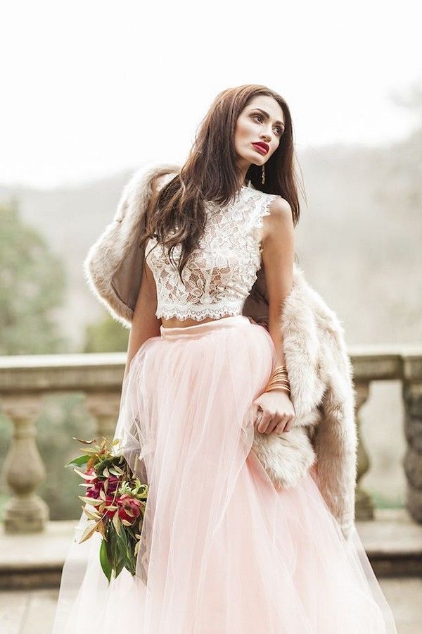 two piece bridal dress with blush pink skirt