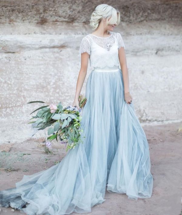 two piece wedding dress white top with short sleeves and blue skirt