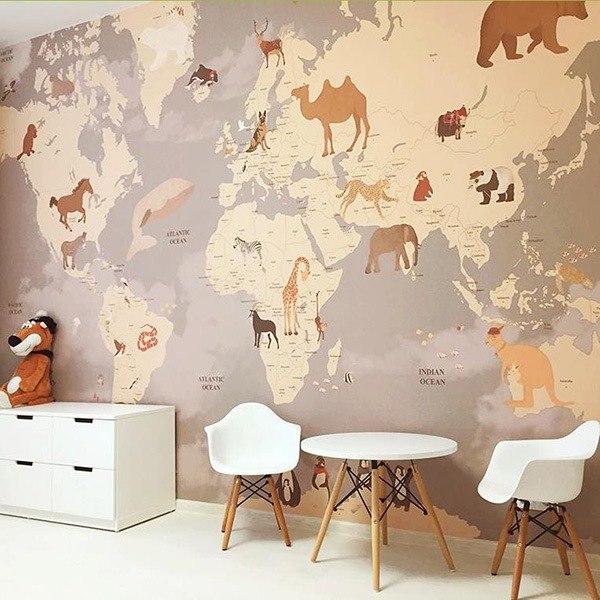 wall mural map of the world continents animals