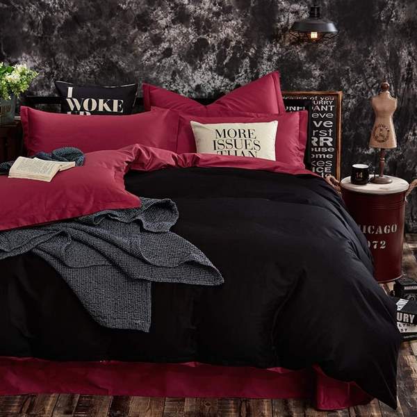 Cotton black and red bedding set with solid color duvet cover