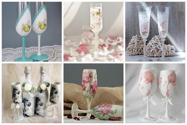 Decoupage wedding themed patterns and compositions on wedding glasses
