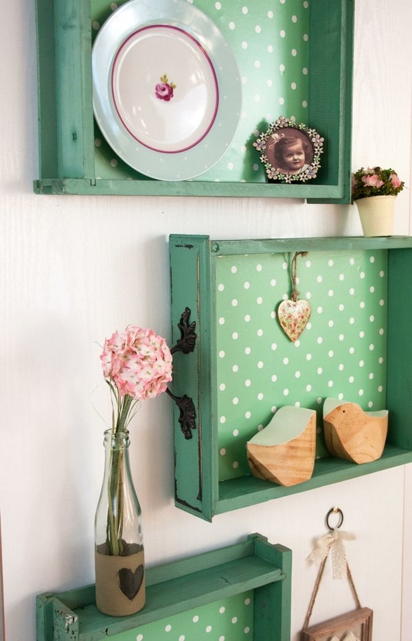 Old drawers wall shelf DIY old furniture decorating ideas