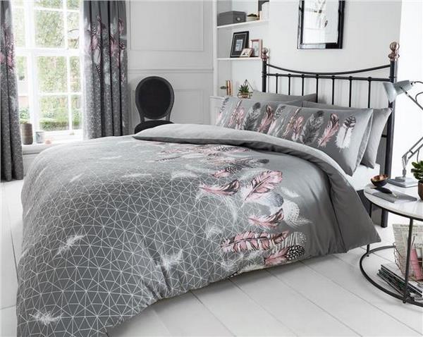 beautiful bedding set grey color with feathers pink accents