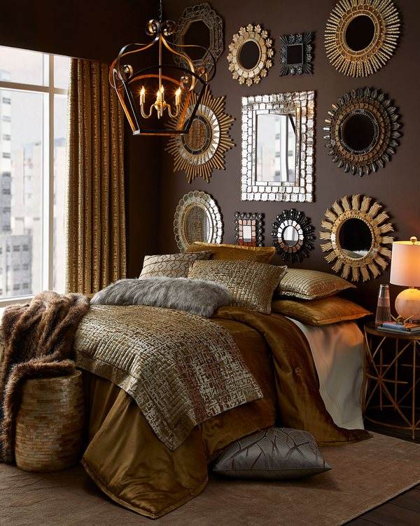 beige and brown color scheme in bedroom with gold accents